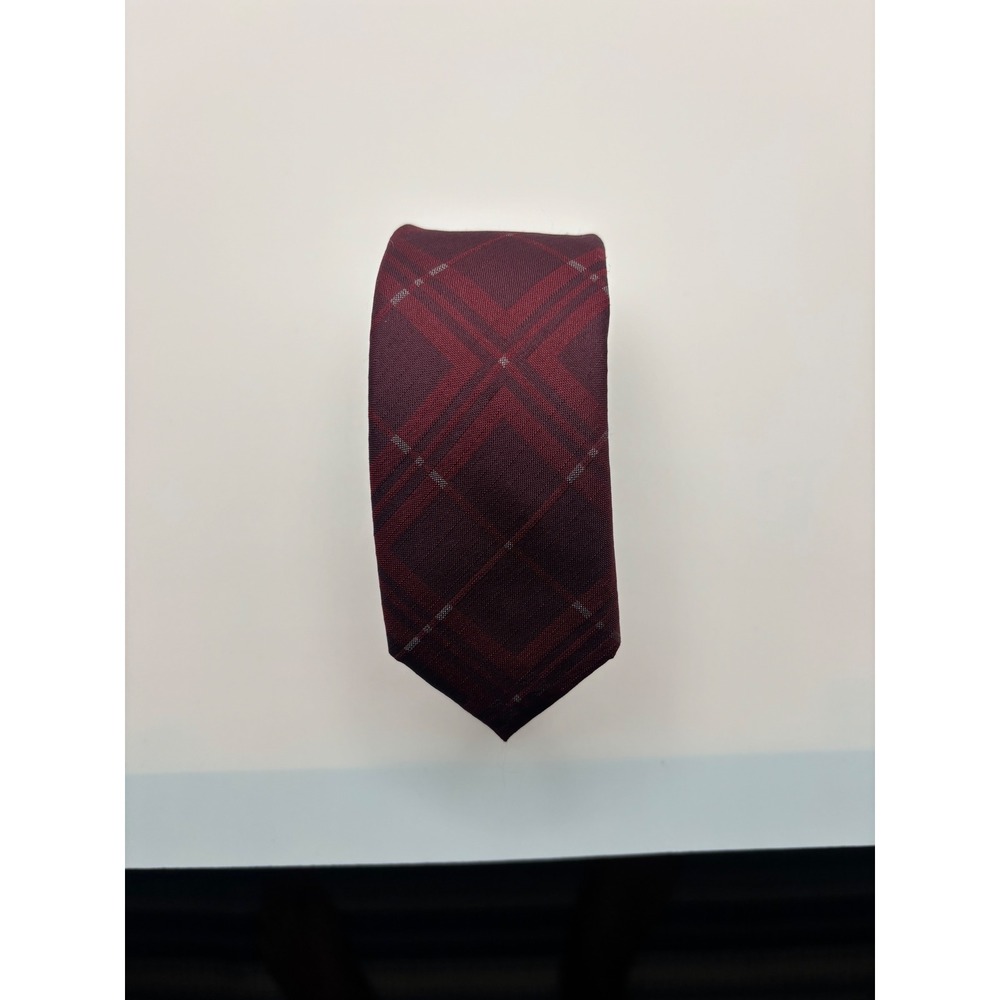 Calvin Klein Mens Silk Tie Burgundy Red Plaid Geometric Formal Necktie